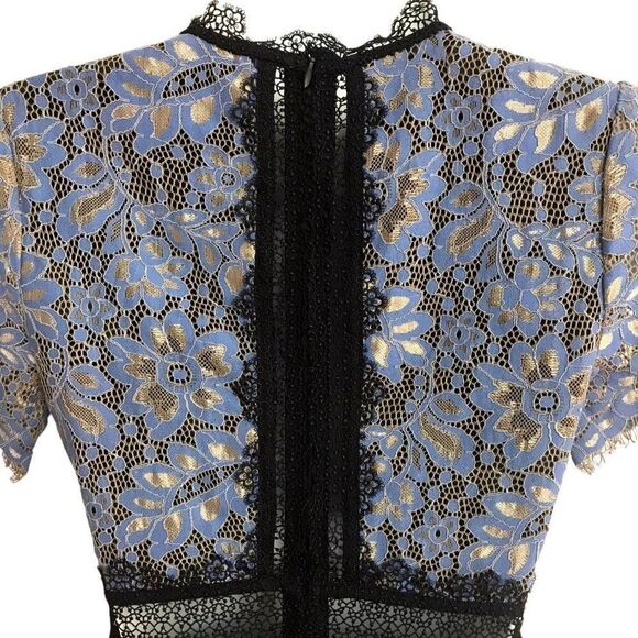 FEW MODA Floral Lace High Neck Short Dress M Demure Sweet Blue Silver Black - Picture 4 of 7